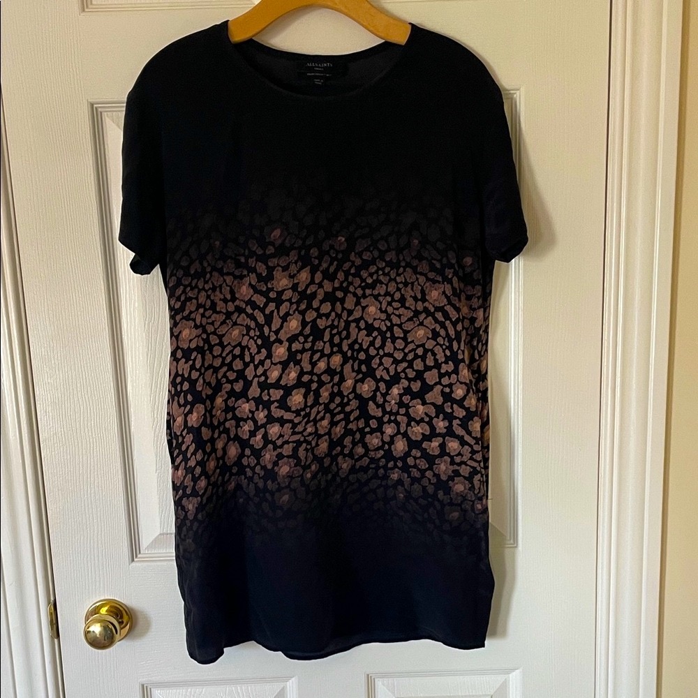 All Saints Black and Champagne Patterned Short Sleeve Tunic with Pockets. Size S